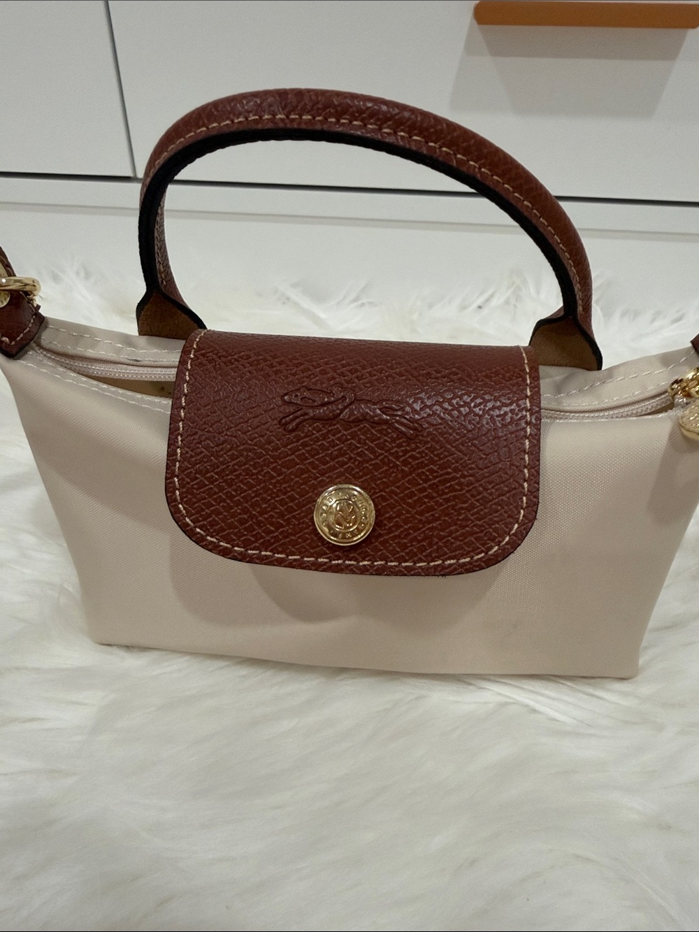 Longchamp Cream Mini Top-Handle with Brown Leather Flap
